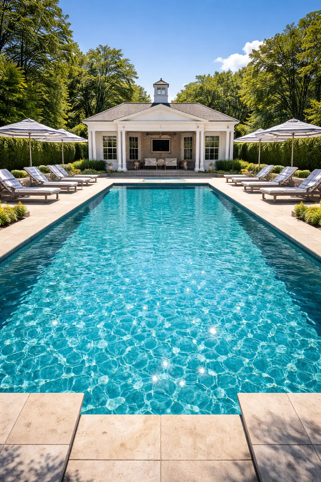 Pool house and formal garden swimming pool - Westport, CT luxury pool builder Gedney Pools