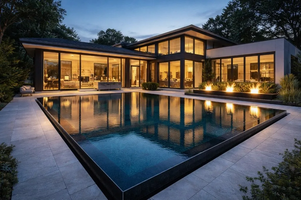 Pool, spa, fire pit and outdoor kitchen at twilight - New Canaan, CT custom pool design by Gedney Pools