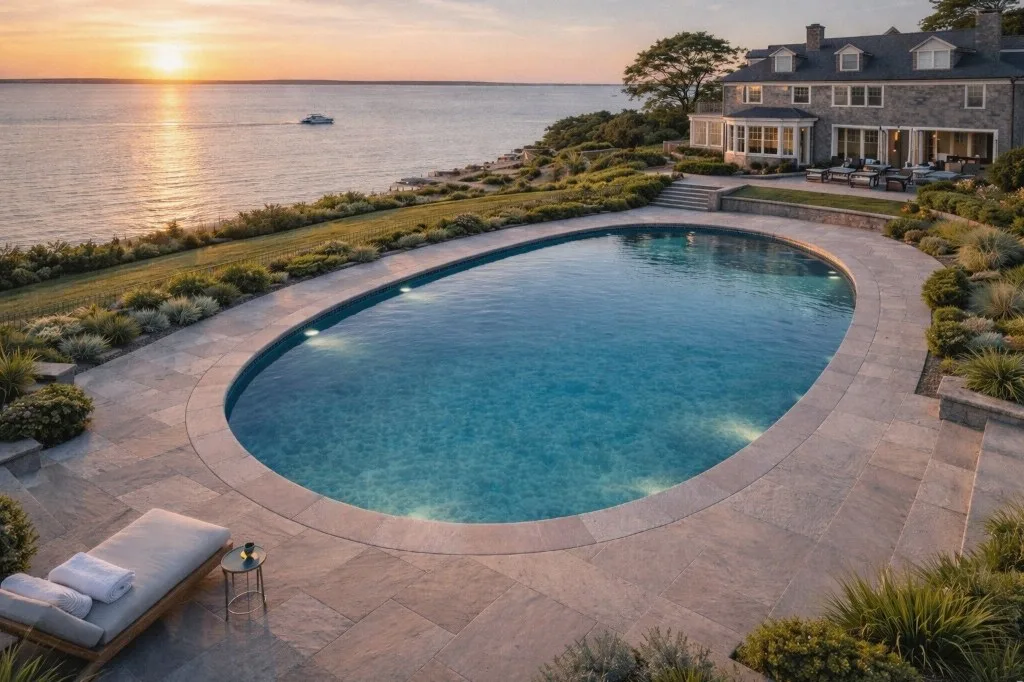 Aerial freeform gunite pool with natural rock waterfall and landscaping - Westport, CT pool builder Gedney Pools