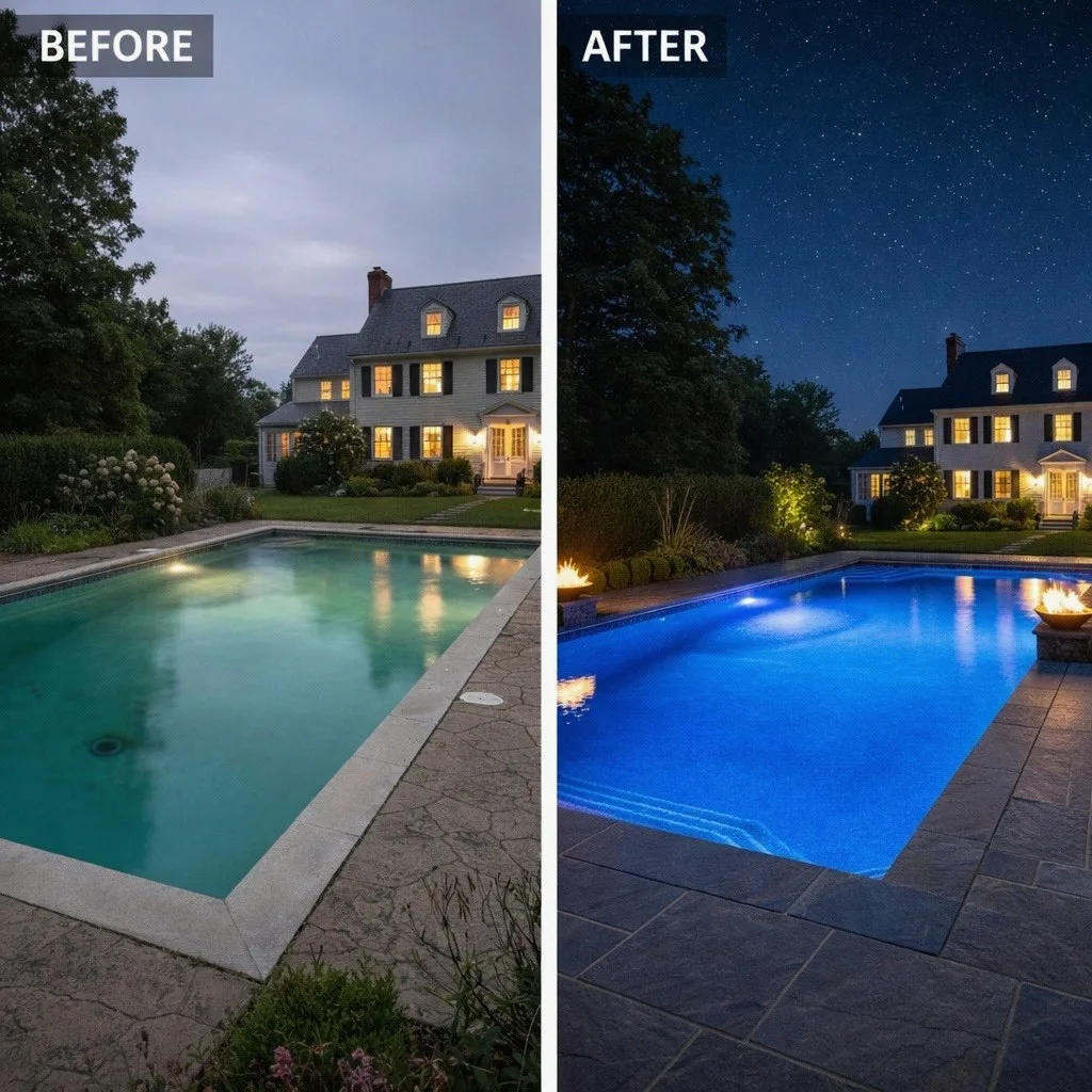 Gedney Pools - Pool renovation before and after with LED lighting and modern finishes