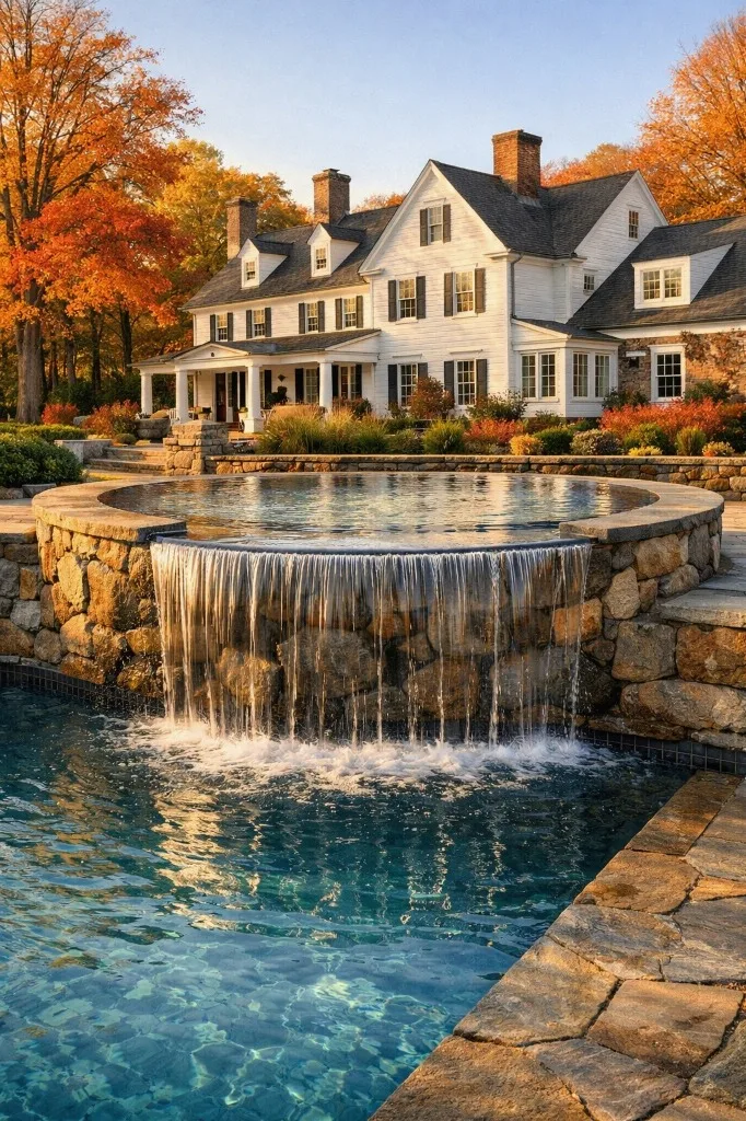Hand-cut fieldstone coping detail on luxury gunite pool - Darien, CT custom pool construction by Gedney Pools