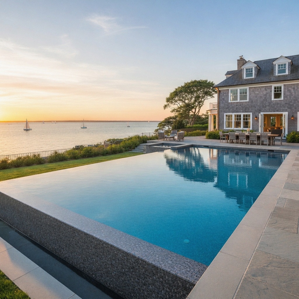 Waterfront Connecticut property where water, land, and regulation meet, with a custom gunite pool above the Sound