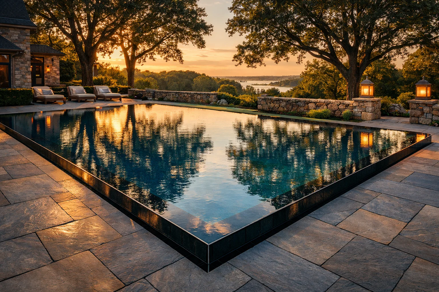 Vanishing-edge gunite pool with stone terrace and water view
