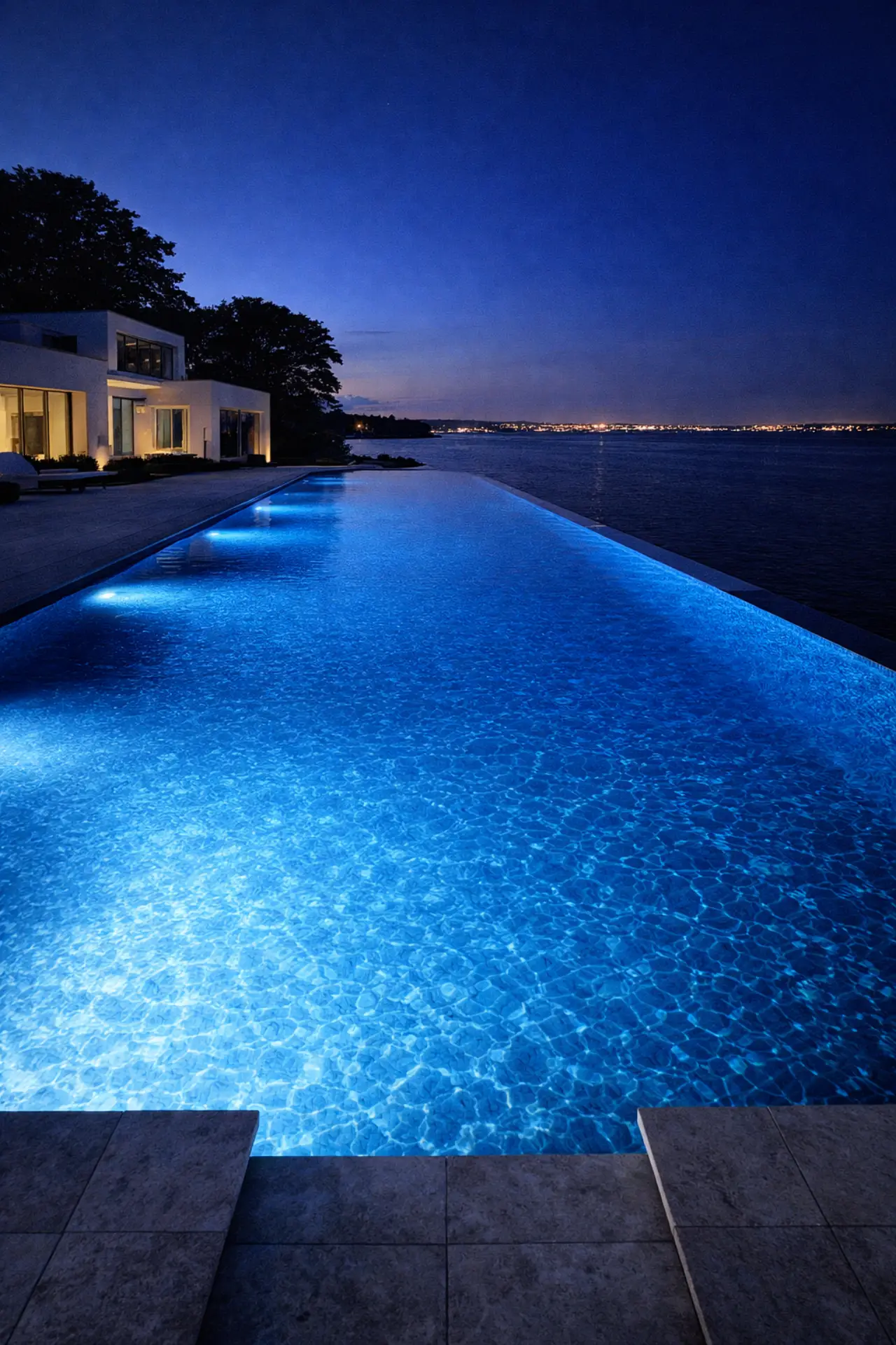 Modern infinity-edge pool illuminated at twilight - Stamford, CT luxury pool construction by Gedney Pools